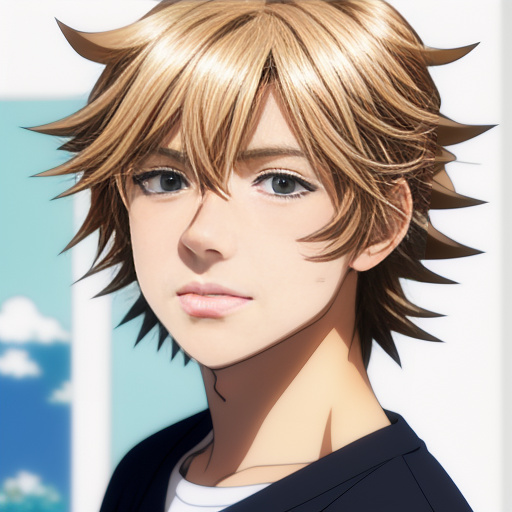 Teenage male with blonde hair that fades to ginger. pale skin. pale  blue eyes. hair curls slightly. cute in anime style
