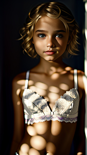  white, blonde, very cute, girl 11 years old, pixie blond hair, lace bra, seductive look, in custom style