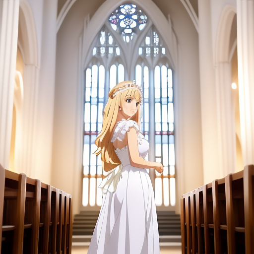 Blonde woman in a white dress, tiara, holding a staff, standing in a church. in anime style