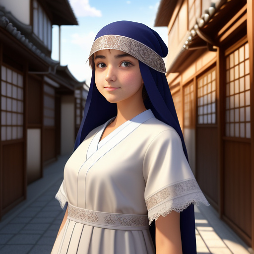 A teenage girl of almost 14 years old who wears a veil like the arabs who is creative and an artist and a barista and a carpet weaver and works by hand and has an art tool in her hand and is happy. in anime style