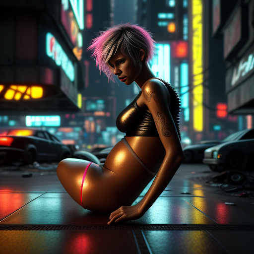 Girl giving birth. legs spread out. pregnant bump. screaming. short tomboy hairstyle. frontal to viewer in cyberpunk style