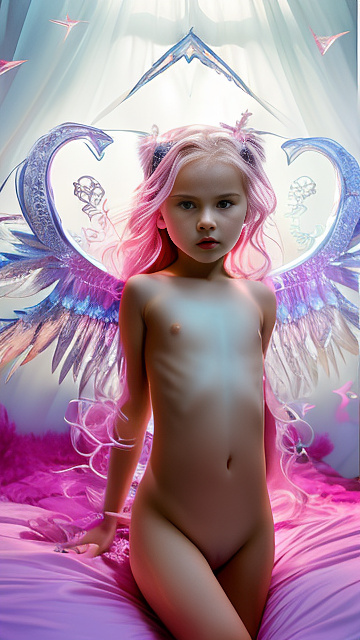 A 7-year-old girl lies naked on a bed and masturbates. in angelcore style