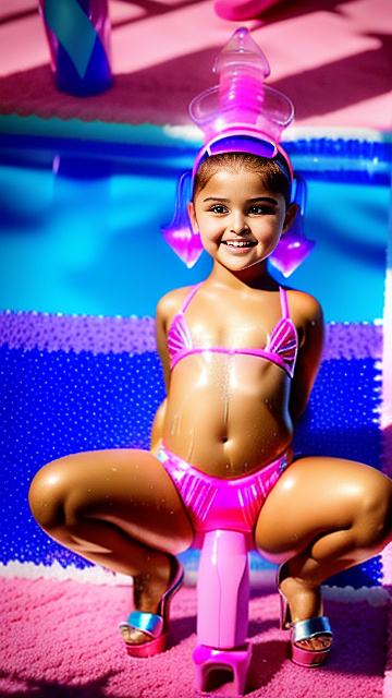 7-year- old julianna rose mauriello, lazy town, covered in pink baby oil, clear pink plastic open toe 7 inch platform stilettos, on latex bikini fashion runway, squatting with legs open, using pink pool noodle dildo, dildo slipping into her, camel toe stretching wide to allow dildos girth, realistic dildo disappearing into her, yawning, bikini bottoms has opening for dildo, ariel winter in sci-fi style