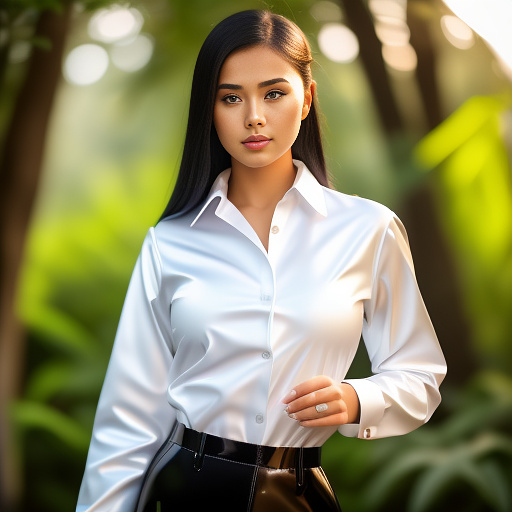 Young lady wearing white button up shirt made from shiny latex and baggy black latex trousers in realistic style