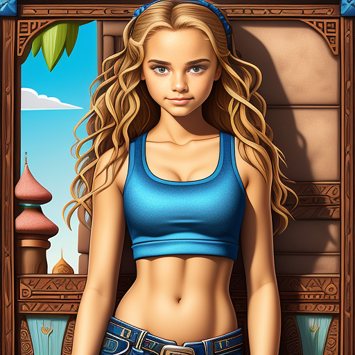 A 14 year old girl with crop top and a big belly button  in disney painted style