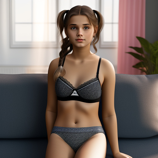 Ultra realistic a cute 15 year old german girl sits on the sofa in the living room in sexy underwear in custom style