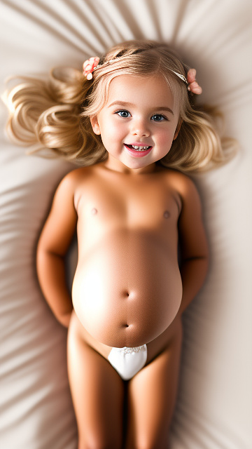 Realistic, detailed, 4-year-old blonde girl, pregnant, tan wedding outfit, showing belly, laying in bed, top down full body view, red blush, tan skin, mouth open, milk  in custom style