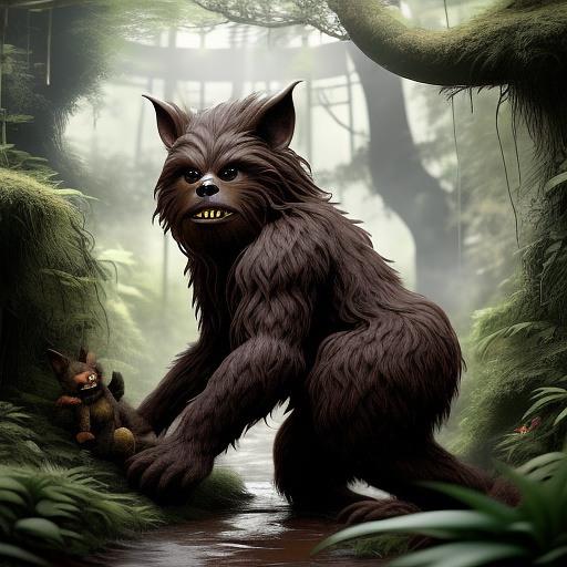 A light jungle clearing shows a large menacing brown-furred snarling wookiee-goblin creature bent over his struggling fighting helpless naked prey, forcefully restraining his naked twenty year old victim, who battles against the dark menacing nightmare wookiee as he tackles her down on the wet, muddy ground. in anime style