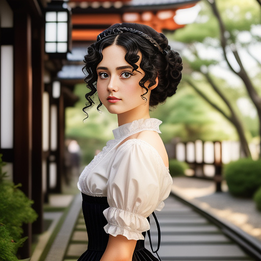 A woman who must be wearing a victorian dress. she must have short black curls and green eyes. in anime style