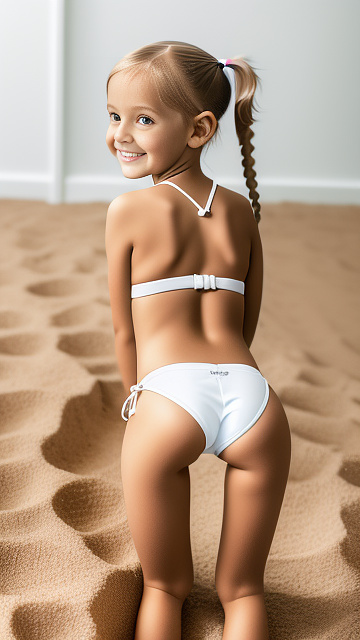 Realistic, highly detailed, 6-year-old , smile , wearing a white bikini  , bends over, rear view, sticking out bottom, pigtails ,thigh gap, ass up, looking back, look into the eyes, very anorexic legs, very anorexic wide crotch, legs reed, thighs narrow, wide pussy, incline in custom style