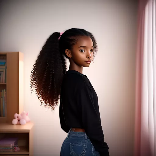 Black girl, 13 years old, tall, a little bit of muscles, hair in 1 ponytail,  really curly hair, very dark brown hair, many pimples, brown eyes, pink unicorn longsleeve shirt, jeans, 
 in anime style