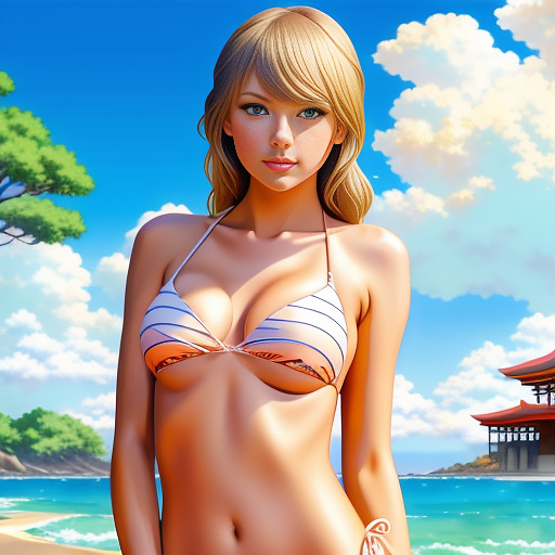 Taylor swift wearing a bikini drooling 
 in anime style