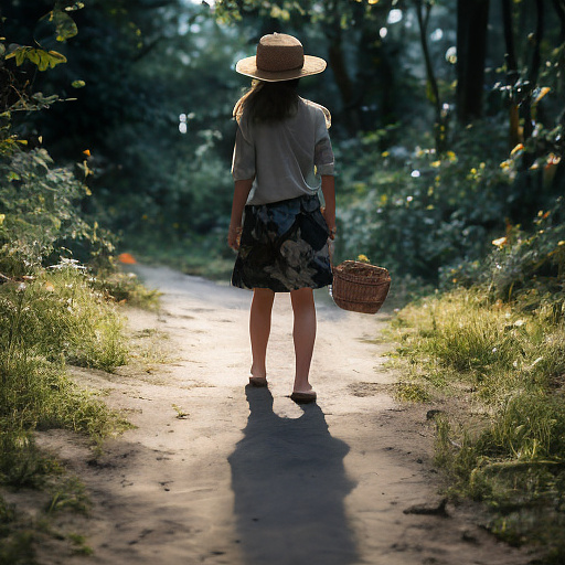 A tired 9-year-old girl is walking along a forest path. it's evening. she has a basket in her hand. she's wearing a panama hat. view from behind. in custom style