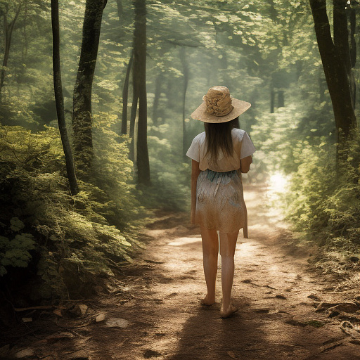 A tired 9-year-old girl is walking along a forest path. it's evening. she has a basket in her hand. she's wearing a panama hat. view from behind. in custom style