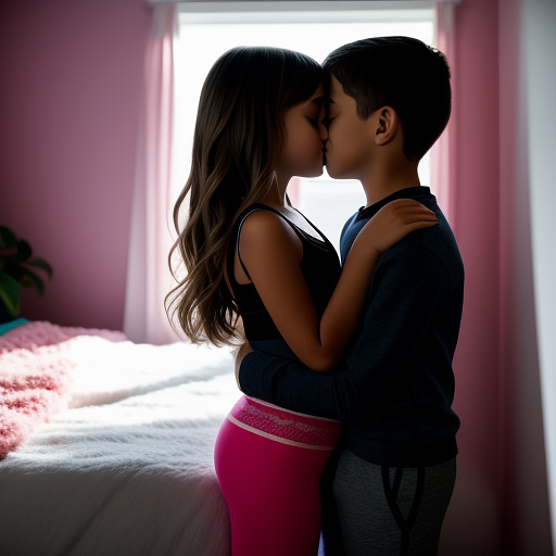A romantic moment between a childhood couple in a cozy bedroom. the 11-year-old sexy hot girl, wearing a light, stylish bras and yoga pants, shares a gentle kiss with her 11-year-old boyfriend.  in custom style