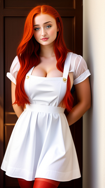 Sophie turner,huge jugs, wearing a white pinafore dress, red pantyhose, and red loafers in custom style