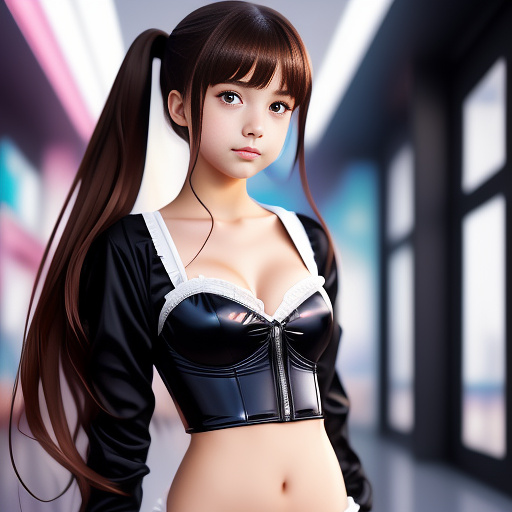  13 year old, teen girl in tight black corset, realistic photograph, underage nonude, sexy, brunette, tight hair bun, sexy little girl, white glue drops on her chest and face, visibly 13yo in anime style