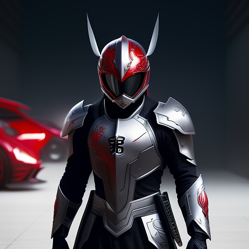 A man with a nanotech suit, dark grey v shaped visor and ark grey bugatti front looking design on his red helmet, holding dual katanas stained with blood, red suit, ruby shaped thing on his red armor, harass design, villain, walking away from an explosion like a badass in anime style