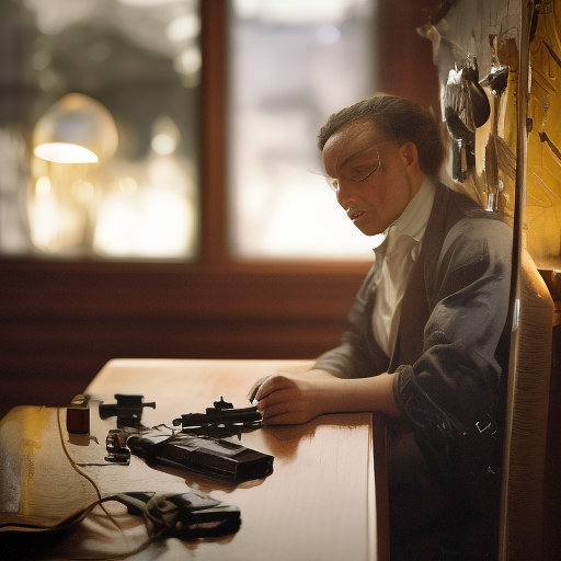 In a dark room, there is a telephone and a gun on the table. a man is sitting on a chair, and he is dead. in custom style
