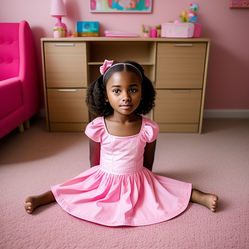 Realistically a 10 year old girl in pink dress sits on the floor with a spreading legs in the children's room in custom style