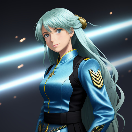 A cool twenty five year old woman in the military, she has a superpower and aura surrounds her of light blue, has light green eyes and light blue hair, she is the commander of a specific division, ,rich color, beautiful light, perfect contrast, ,4ur4_illu,shiny, aura stance, wearing advanced blue military uniform, holding an advanced technological weapon, solo, long hair in anime style