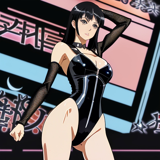 Tall slender beautiful mature woman with black hair, wearing shiny black leotard and black fishnet tights, pumping fist in air in anime style