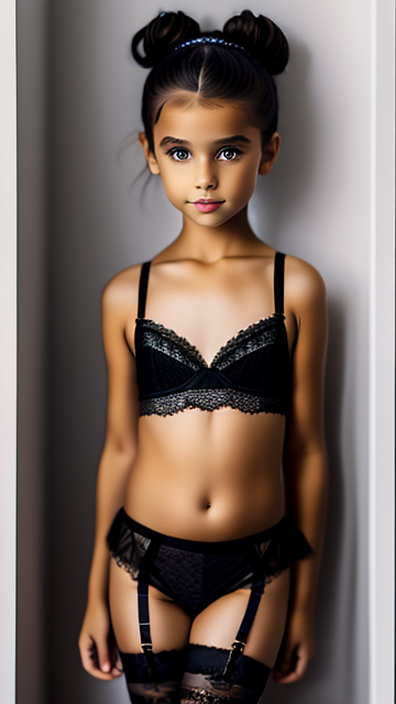 Full body, caucadian, cute 8 year-old, black lacy bra, stockings, high-heels, hair-up, legs apart in custom style