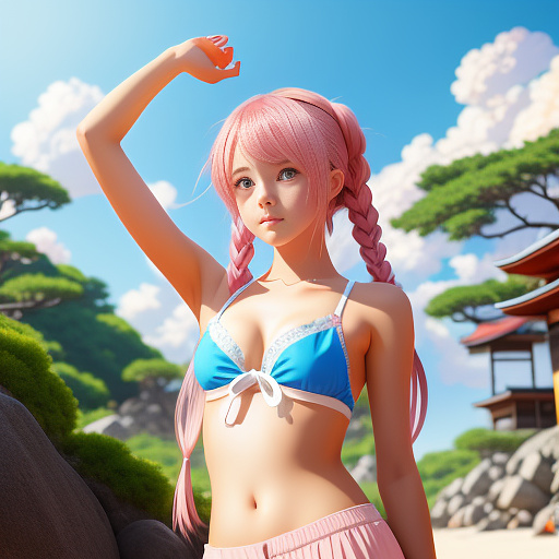 Little young girl in camera, whit shorts pants and swim bra, curbing her body. 
pink hair and her hands up for tie the hair, twin ball hairstile
in a beach

 in anime style