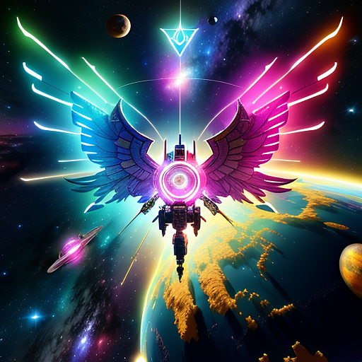 A cheerful transformer flies through space against the backdrop of planets. in angelcore style