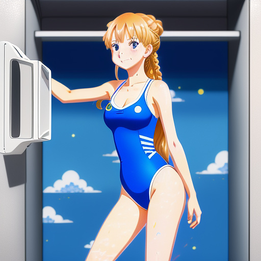 Girl happily watching her mother’s one piece swimsuit shrink to her size in the dryer it in anime style
