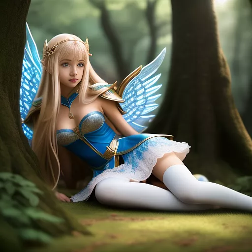 Teenage female half elf, blonde hair, blue eyes, angel wings, elven leaf fairy armor, leaf fairy skirt, half elf princess in anime style