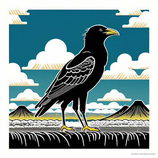 A linocut illustration of a crow wearing rubber boots  in anime style