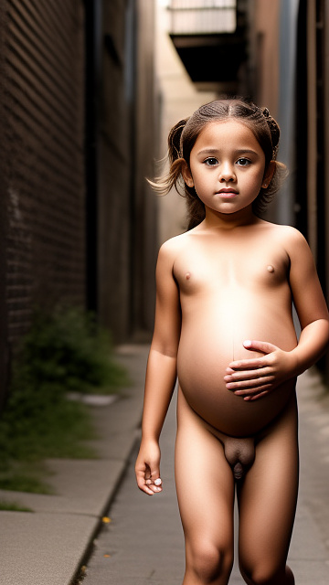 7-years-old, pregnant, nude, penis, alleyway, running, close up in custom style