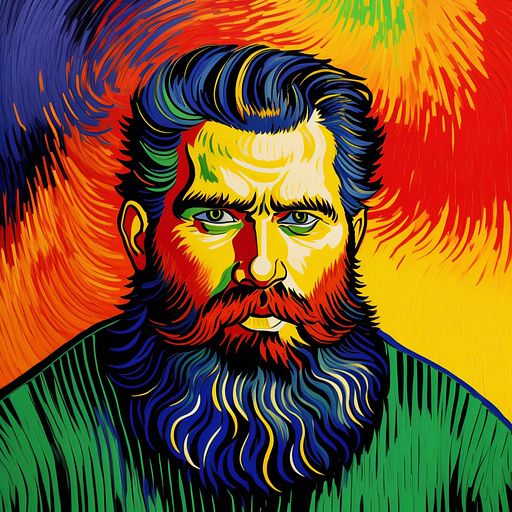 Colorful 40 years man portrait painted cartoon animated surrealistic  100kg short beard in neo impressionism style