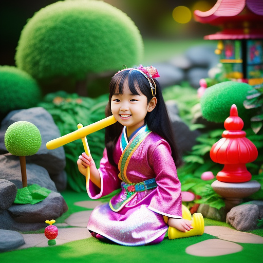 Asian woman holding a wand in a garden in kids painted style
