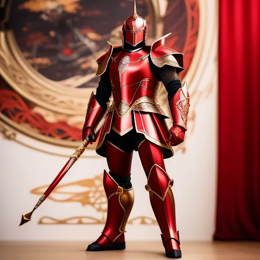 A knight in red and gold armor in anime style