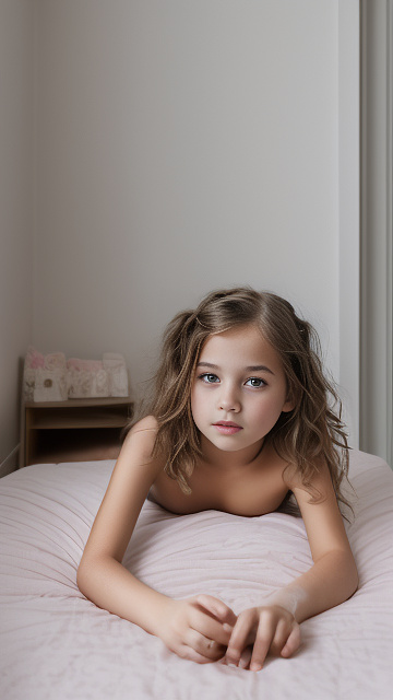 A 7-year-old girl lies naked on a bed and masturbates. in custom style