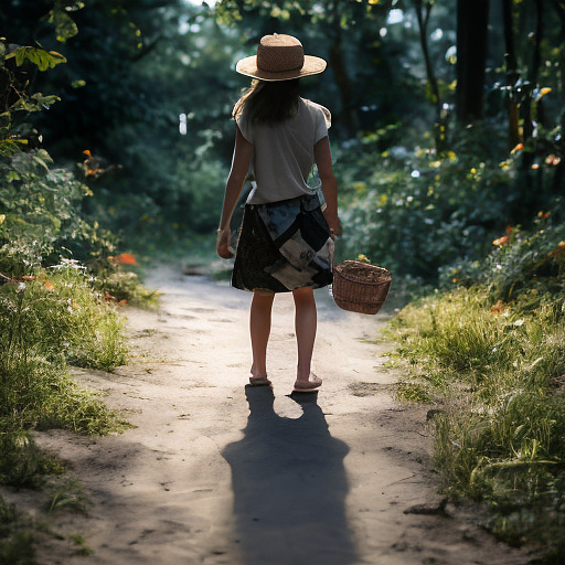 A tired 9-year-old girl is walking along a forest path. it's evening. she has a basket in her hand. she's wearing a panama hat. view from behind. in custom style