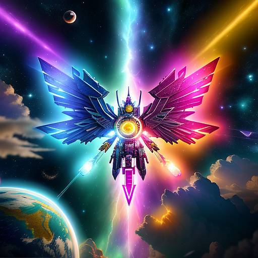 A cheerful transformer flies through space against the backdrop of planets. in angelcore style