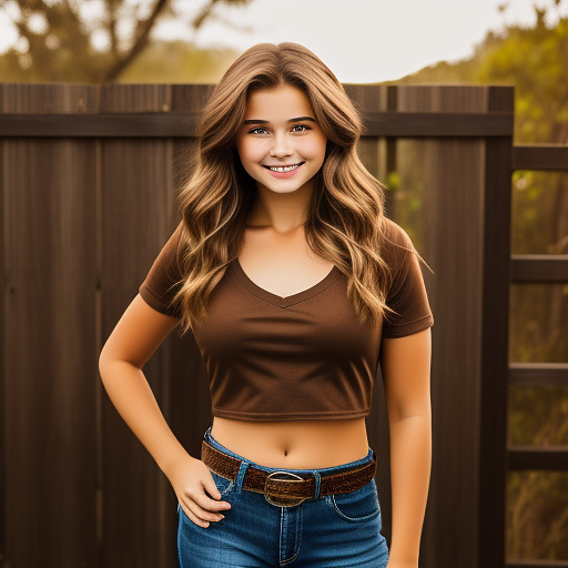 Extremely attractive 13 year old very youthful, happy, country girl with brown hair and big breasts wearing a really loose, brown, crop top t-shirt with jeans, boots, and a belt standing in front of a wood fence. in custom style