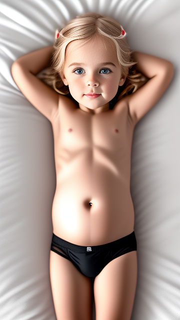 Realistic, detailed, 5-year-old blonde girl, in black underwear, pregnant, laying in bed, top down full body view, blushing, thin glue on body in custom style
