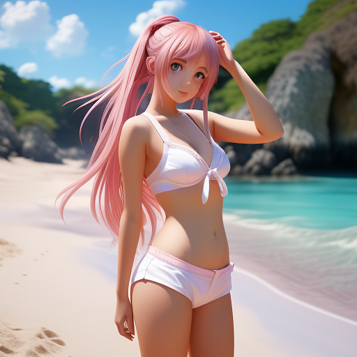 Little young girl in camera, whit shorts pants and swim bra, curbing her body. 
pink hair and her hands up for tie the hair, twin ball hairstile
in a beach

 in anime style