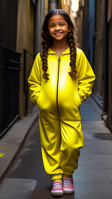 Realistic, pregnant, 7-years-old-girl, jenna ortega, alley, day, yellow jumpsuit, evil smirk in custom style