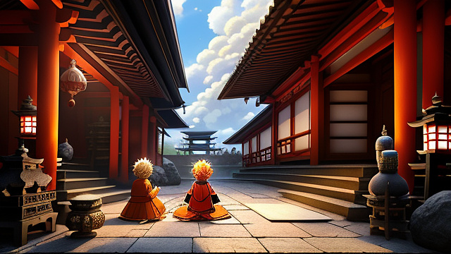 "a family praying together in front of a small narasimha swamy altar, oil lamps glowing, marigold garlands, serene and devotional atmosphere, hyper-realistic, 8k" in anime style