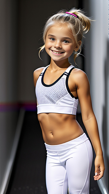 White, blonde, very cute, smiling, girl 6 years old, sports bra , leggings, turned around in custom style