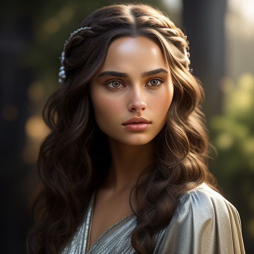 A captivating portrayal of padme amidala, a graceful young woman. she has lustrous, dark brown hair, often intricately styled, framing her elegantly structured face. her expressive, intelligent brown eyes convey a sense of determination and compassion. her fair skin shows subtle texture, and her lips are naturally full. she has a serene yet strong expression. highly detailed eyes, highly detailed hair, highly detailed skin texture, highly detailed face. ultrarealistic, 8k, hdr, cinematic, photorealistic, highly detailed background, highly detailed environment.  in custom style