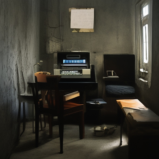 In a dark room, there is a telephone and a gun on the table. a man is sitting on a chair, and he is dead. in custom style