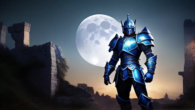 A fantasy blue armored knight at night under the moonlight in front of a ruined tower in disney painted style