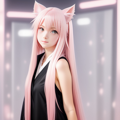 Long pink hair, heterochromia, cat ears, electric guitar, sharp teeth, left handed, pale in anime style