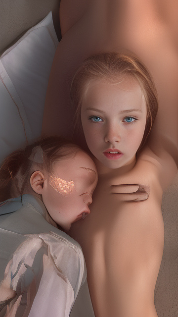 A 9-year-old naked girl is sucking another girl's breast. in custom style